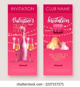 Happy Valentines Day invitation with 3D love hearts and champagne bottle with glass. Vector illustration