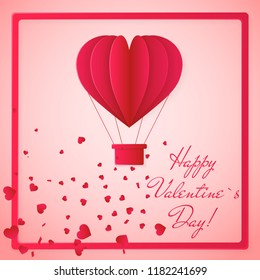 Happy valentines day invitation card template with origami paper hot air balloon in heart shape. Pink background. Vector illustration.