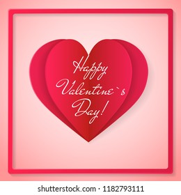Happy valentines day invitation card template with red origami paper   heart. Pink background. Vector illustration.