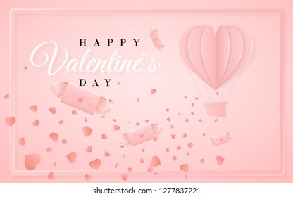 Happy valentines day invitation card template with origami paper hot air balloon in heart shape, paper letter, white clouds and confetti. Pink background. Vector illustration.