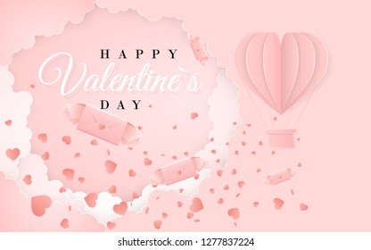 Happy valentines day invitation card template with origami paper hot air balloon in heart shape, paper letter, white clouds and confetti. Pink background. Vector illustration.