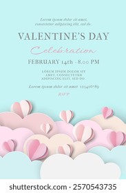 Happy Valentine's Day Invitation Card. Cute Poster with 3D Papercut Heart and Cloud. Modern Design Suitable for Invitation, Mother's and Women's Day, Birthday, March 8. Trendy Concept Holiday Template