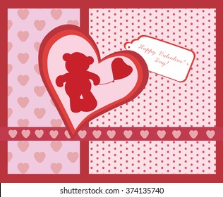 Happy Valentine's Day invitation card. Love hearts and bear. Vector