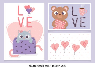 happy valentines day invitation cards bear and cat gift box love hearts decoration vector illustration