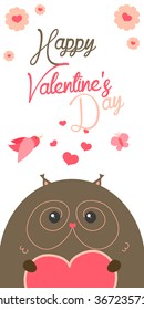 Happy Valentines Day invitation with cute Owl vector. Funny hand drawn owl illustration.