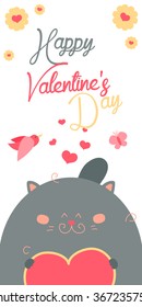 Happy Valentines Day invitation with cute Cat vector. Funny hand drawn cat illustration.