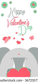 Happy Valentines Day invitation with cute Elephant vector. Funny hand drawn elephant illustration.