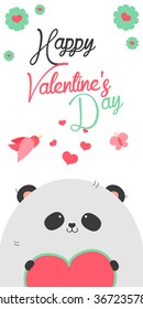Happy Valentines Day invitation with cute Panda vector. Funny hand drawn panda illustration.