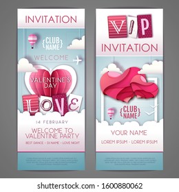 Happy Valentines day invitation design with love hearts in the sky. Cut out paper art style design