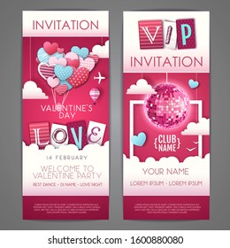 Happy Valentines day invitation design with love hearts in the sky. Cut out paper art style design