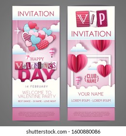 Happy Valentines day invitation design with love hearts in the sky. Cut out paper art style design