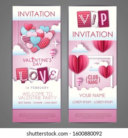 Happy Valentines day invitation design with love hearts in the sky. Cut out paper art style design