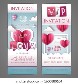 Happy Valentines day invitation design with love hearts in the sky. Cut out paper art style design