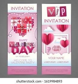 Happy Valentines day invitation design with love hearts. Cut out paper art style design