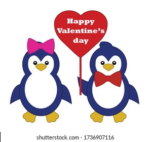 Happy Valentine's Day  Invitation, Greeting or Gift card with cartoon penguin in love