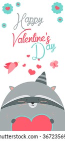Happy Valentines Day invitation with Raccoon vector. Funny hand drawn raccoon illustration.