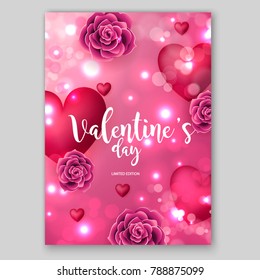 Happy Valentine's Day Invitation Red Roses, Gift box, Heart. Wedding invitation card