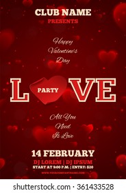 Happy Valentine's Day invitation template on the blurred background with hearts. Vector illustration. Red curved paper heart in the form of heart.
