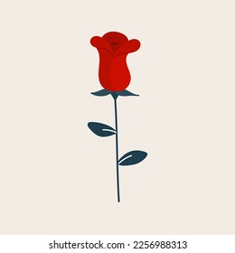 Happy Valentine's Day. Isolated single red rose. Concept of romantic. Hand drawn doodle. Vector illustration, flat design