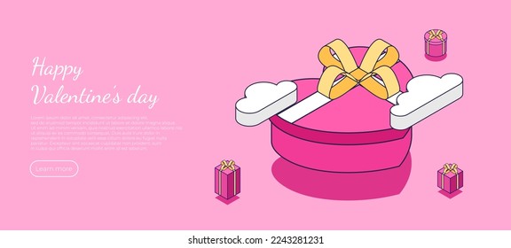 Happy Valentine's day in isometric style. 3d heart gift and clouds with gifts. Valentines Day greeting card template. Vector illustration isolated on pink background