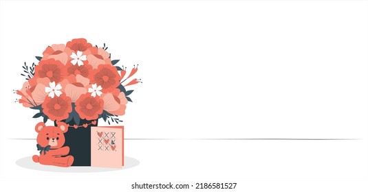 happy valentine's day. isometric valentine rose, teddy bear love latter card vector. Teddy bear, flower pot, latter Valentine's day concept