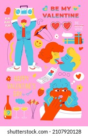 Happy Valentine's day item set. Cool crazy stickers in flat vector style.