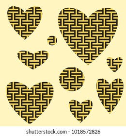 Happy Valentines Day japanese pattern background with heart in gold tones