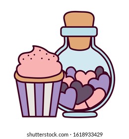 happy valentines day, jar bottle with hearts and sweet cupcake celebration vector illustration