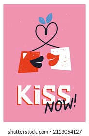 Happy Valentines Day Kiss typography poster design. Love cherry greeting card cover template vector illustration. Holiday romantic postcard in retro style with textured background.