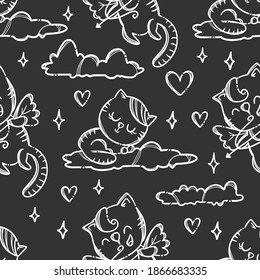 HAPPY VALENTINES DAY Kitten Cupid Shoots A Bow Flying In The Sky Surrounded Hearts Hand Drawn Cartoon Seamless Pattern Vector Illustration For Print