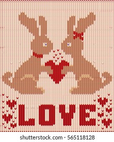 Happy valentines day knitted card with two rabbit and hearts,vector illustration