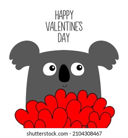 Happy Valentines Day. Koala holding red heart set bouquet. Cute kawaii cartoon character. Funny face head. Baby greeting card template. Notebook cover, tshirt. White background. Flat design. Vector