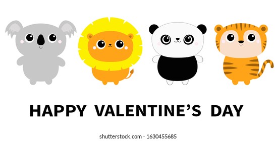 Happy Valentines Day. Koala Lion Panda bear Tiger ftoy icon set. Cute cartoon character. Kawaii wild animal. Funny baby kids print. Love Greeting card. Flat design. White background. Isolated. Vector