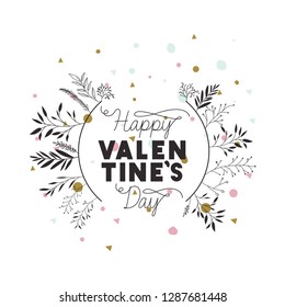 happy valentines day label with flower crown icons