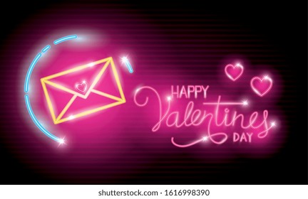 happy valentines day label in neon light, icons valentine day vector illustration design