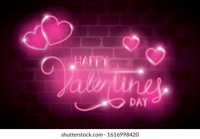 happy valentines day label in neon light, icons valentine day vector illustration design