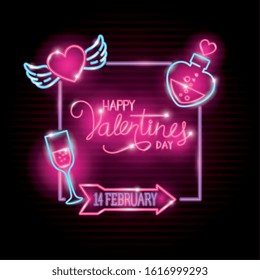 happy valentines day label in neon light, icons valentine day vector illustration design