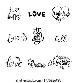 Happy Valentine's day label set with lettering typography text sign isolated on white background for use greeting card, stamps, posters and romantic quote. Vector typography element collection