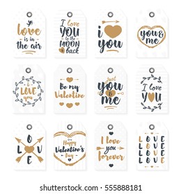 Happy Valentine's day label set with lovely lettering typography congratulations gold style on white background. Vector Illustration