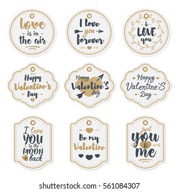 Happy Valentine's day label set with lovely congratulations lettering typography gold style and different shapes on white background. Holiday decoration element. Vector Illustration