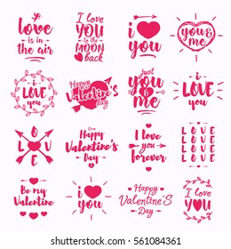 Happy Valentine's day label set with lettering typography wish isolated on white background for use greeting card, stamps, posters and romantic quote. Vector typography congratulations collection