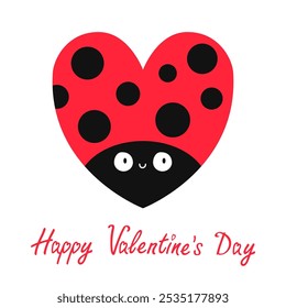 Feliz día de San Valentín. Bicho de señora en forma de corazón. Insecto volador rojo. Patrón de puntos negros. Caricatura linda kawaii personaje divertido del bebé. Tarjeta de felicitación del amor. Estilo infantil Fondo blanco Vector de diseño plano