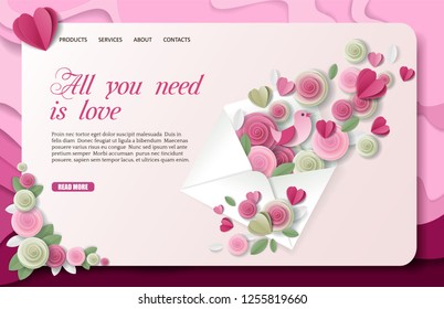 Happy Valentines Day landing page website template. Vector paper cut pink roses, hearts and bird flying out of envelope. All you need is love lettering. Love letter.