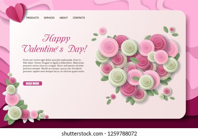 Happy Valentines Day landing page website template. Vector paper cut pink roses in heart shape.