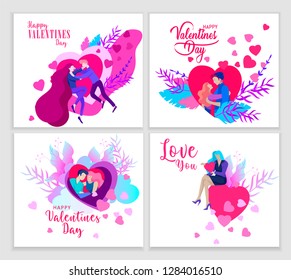 Happy Valentines day Landing page template with couple in love isolated in heart on a colorful abstract background, typography poster elements, festive composition design, vector illustration