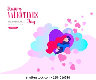 Happy Valentines day Landing page template with couple in love isolated in heart on a colorful abstract background, typography poster elements, festive composition design, vector illustration