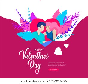 Happy Valentines day Landing page template with couple in love isolated in heart on a colorful abstract background, typography poster elements, festive composition design, vector illustration
