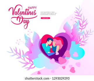 Happy Valentines day Landing page template with couple in love isolated in heart on a colorful abstract background, typography poster elements, festive composition design, vector illustration