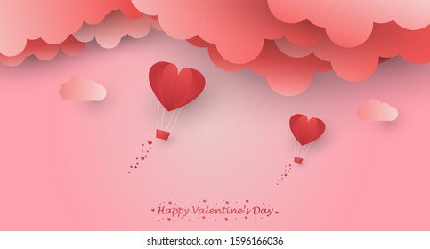 Happy valentine's day landscape illustration with flying air balloons and clouds in a pink background. Paper art and digital craft style.