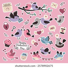 Happy valentine's day large set of illustrations for greeting cards and stickers. Hand drawn stickers: birds, calendar, lock, key, jar, hearts, coffee, puzzles, envelope, love.